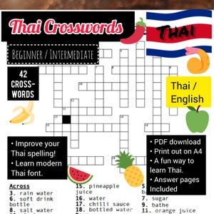 May include: A crossword puzzle titled "Thai Crosswords" with the text "Beginner / Intermediate." The image includes a Thai flag, a green apple, and a shrimp. The puzzle has 42 crosswords and includes a list of words.
