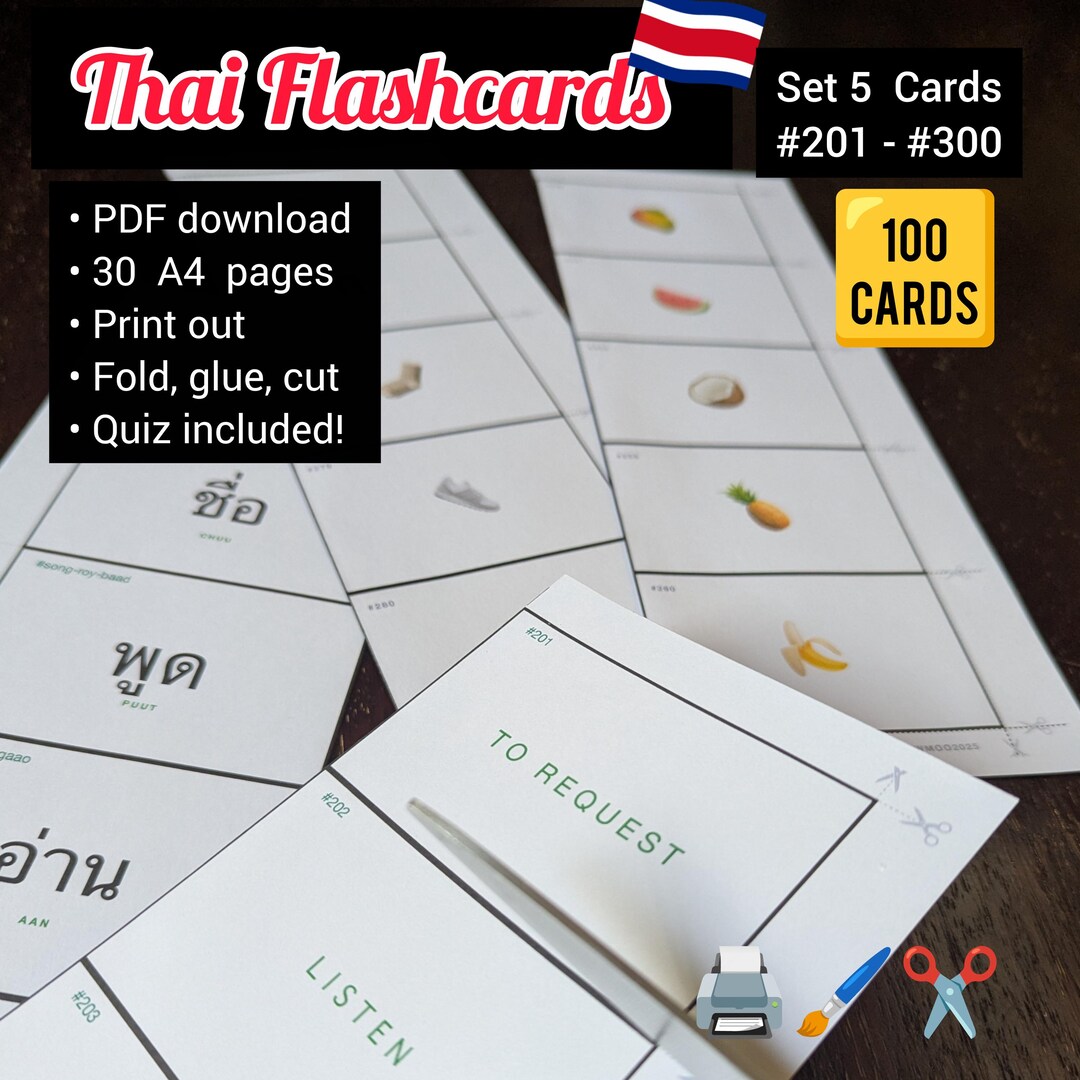 Set 5 Thai Flashcards #201-300 PDF Download & Print. 100 Cards. 30 A4 ...