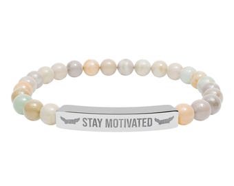 Stay Motivated bar bracelet | Natural stone stretch bracelet, engraved motivational jewelry