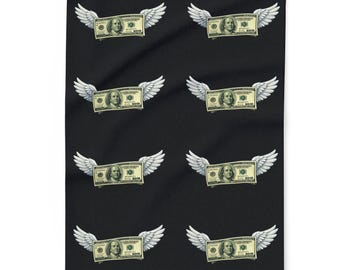 Flying Money Pattern Blanket | Fleece Throw with Winged Dollar Design