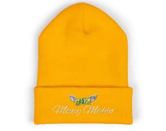 Embroidered Money Wings Cuffed Beanie | Acrylic Knit Warm Hat