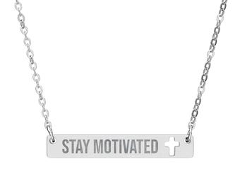 Engraved Bar Necklace with Cutout Cross | "Stay Motivated" Surgical Steel