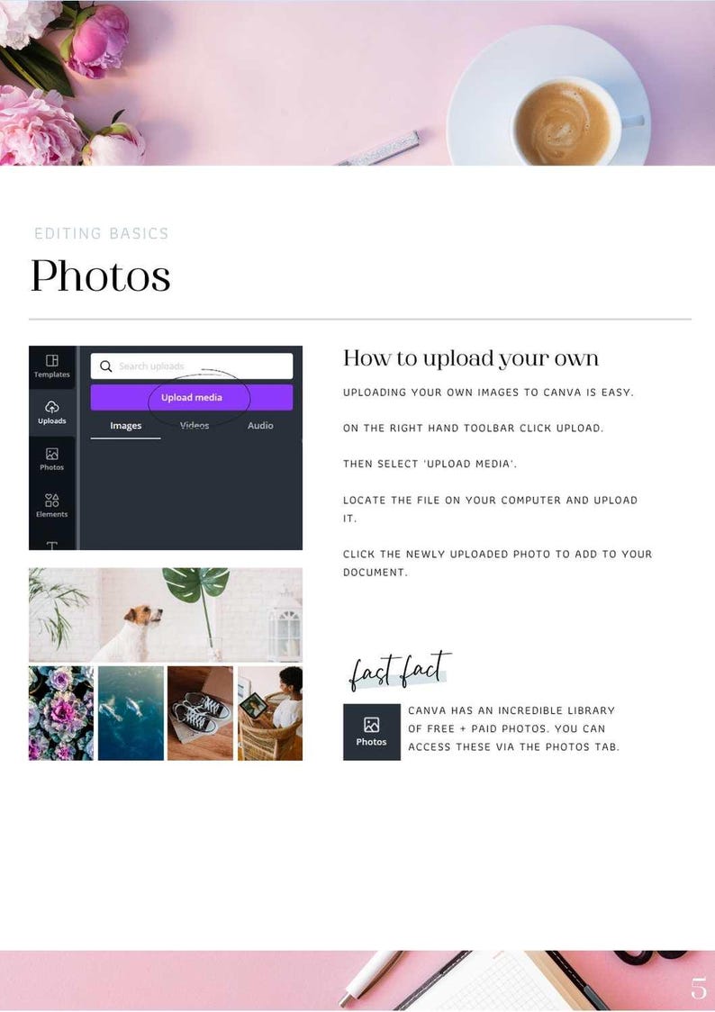 May include: A screenshot of a Canva design editor showing how to upload your own images. The editor has a search bar, a button labeled "Upload Media", and tabs for images, videos, and audio. The text on the right side of the screen explains how to upload images to Canva.