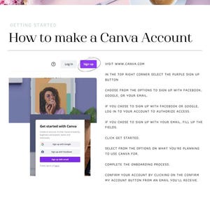 May include: A screenshot of a Canva website showing instructions on how to create an account. The instructions include visiting www.canva.com, selecting the purple sign up button, and choosing to sign up with Facebook, Google, or email. The image also shows a close-up of the sign up page with options to sign up with Google, Facebook, or email.