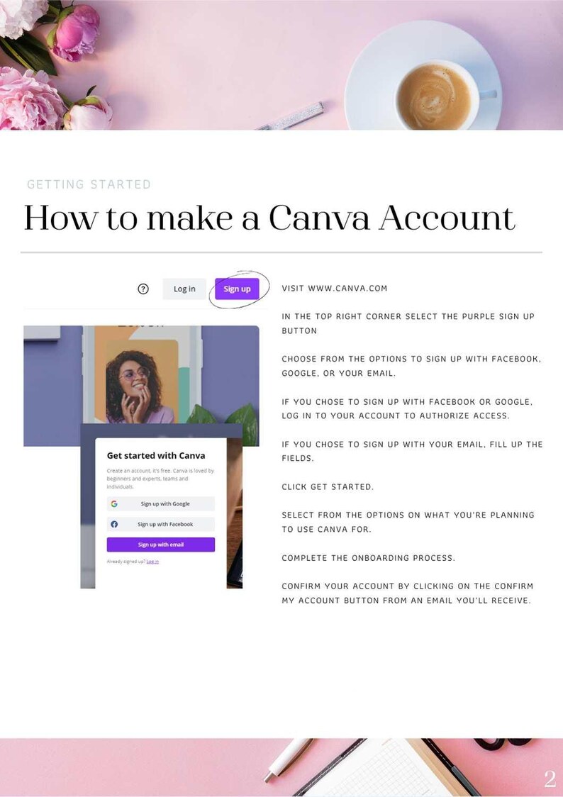 May include: A screenshot of a Canva website showing instructions on how to create an account. The instructions include visiting www.canva.com, selecting the purple sign up button, and choosing to sign up with Facebook, Google, or email. The image also shows a close-up of the sign up page with options to sign up with Google, Facebook, or email.