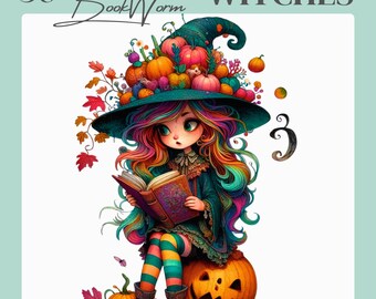 Bookworm Witch Clipart Bundle: Cottagecore Halloween Graphics (PNG/JPG Digital Download