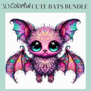 May include: A colorful illustration of a cute bat with large, teal eyes and intricate wing patterns. The bat is primarily pink and purple, with accents of teal, yellow, and orange. The text "30 Colorful Cute Bats Bundle" is at the top.