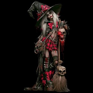 K&ouml;nnte beinhalten: Eine Figur mit langem wei&szlig;em Haar tr&auml;gt einen schwarzen Hexenhut mit roten Akzenten, eine schwarze Jacke und einen rot-schwarz karierten Rock. Sie h&auml;lt einen Sch&auml;del mit leuchtend rotem Auge und steht neben einem Besen mit einem zweiten Sch&auml;del.