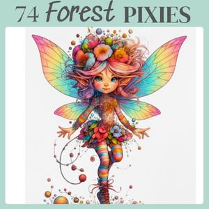 May include: A vibrant illustration of a pixie with rainbow wings, hair, and clothing. The pixie is decorated with flowers and has large blue eyes. The text "74 Forest Pixies" is at the top of the image.