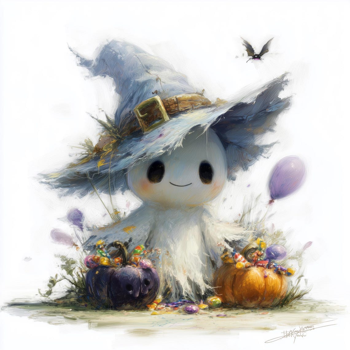 15 Cute Halloween Ghosts Clipart Bundle, Witch Hat Ghosts, Halloween