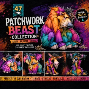 Może przedstawiać: Cyfrowa kolekcja 47 plików PNG pod tytułem Patchwork Beast Collection, przedstawiająca kolorowe, zszyte ze sobą fantastyczne stworzenia. Obrazy ukazują różne potwory z patchworkowymi teksturami w kolorach pomarańczowym, fioletowym i niebieskim.