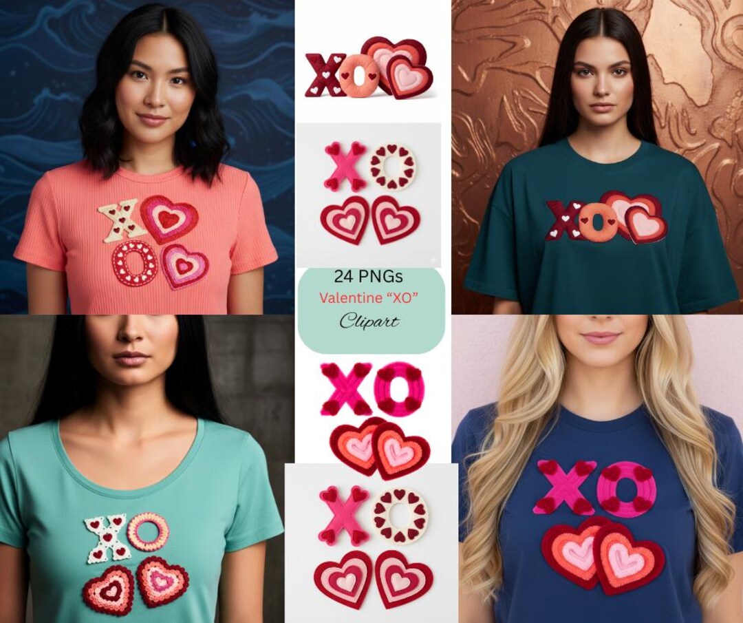 24 Valentine XO Textile PNG Clipart, Stitched Heart Letters, Fabric