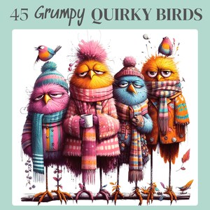 May include: Illustration of four grumpy, quirky birds wearing winter attire. The birds are in shades of pink, yellow, blue, and orange, with matching scarves and hats. The image includes the text "45 Grumpy Quirky Birds" at the top.