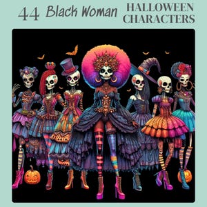 44 Black Woman Halloween Clipart, Witch And Priestess Characters, Afro Gothic Illustrations, Digital Download For Crafts