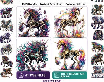 Skelett Einhorn Clipart Bundle: Gothic Regenbogen Fantasy (PNG Digital Download)
