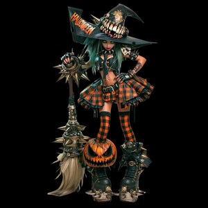 K&ouml;nnte beinhalten: Eine stilisierte Figur, die einen schwarzen Hexenhut mit dem aufgedruckten Wort HALLOWEEN tr&auml;gt, der am Rand ein zahniges Grinsen aufweist. Die Figur tr&auml;gt einen orange-schwarzen karierten Rock, passende Socken und Stiefel mit Nieten.