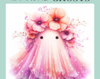 Pode incluir: Uma ilustração fantasiosa de um fantasma adornado com uma coroa floral. O fantasma é coberto em camadas de tecido rosa e roxo, com uma delicada borda de renda. O texto "24 Floral GHOSTS" está na parte superior da imagem.