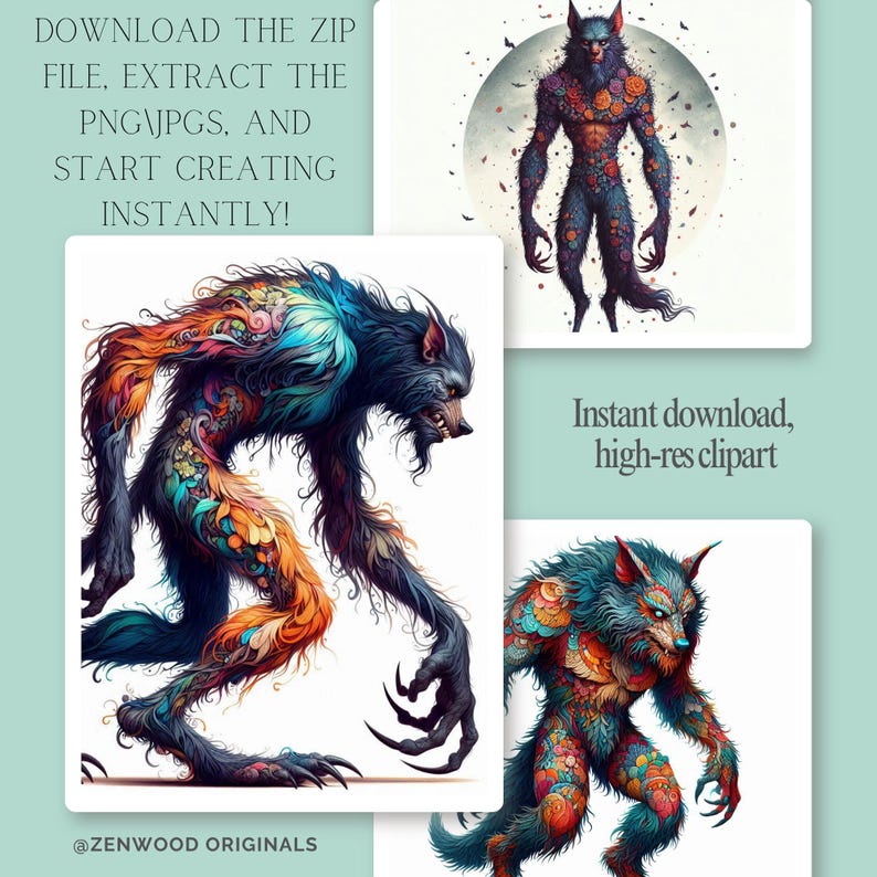 Colorful Werewolf Clipart Bundle: Fantasy Art, Stickers (digital ...