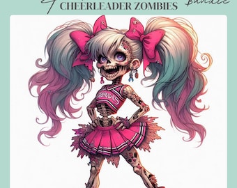 Könnte beinhalten: Illustration eines Punk-Cheerleader-Zombies. Der Zombie hat rosa Schleifen, ein rosa Cheerleader-Outfit und Skelettmerkmale. Das Bild enthält den Text "41 Punk Cheerleader Zombies Clipart Bundle."
