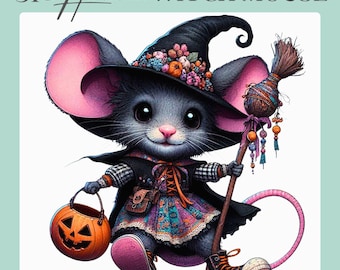 Halloween Witch Mouse Clipart Bundle, Kawaii Illustration (Digital Download)