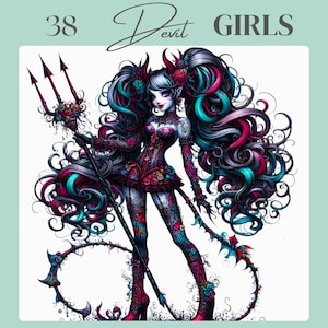 Puede incluir: Ilustración de una chica diablo con pelo largo y rizado en tonos turquesa, rosa y negro. Lleva un corsé detallado, botas y sostiene un tridente. La imagen incluye el texto "38 Devil GIRLS" en la parte superior.