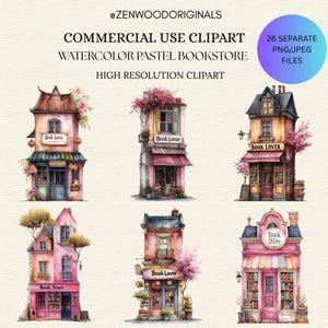 Watercolor Pastel Bookstore Clipart, Whimsical Bookshop Illustration, Cottagecore Bookshop, Cottagecore Bookstore Art, Pastel Bookshop Print