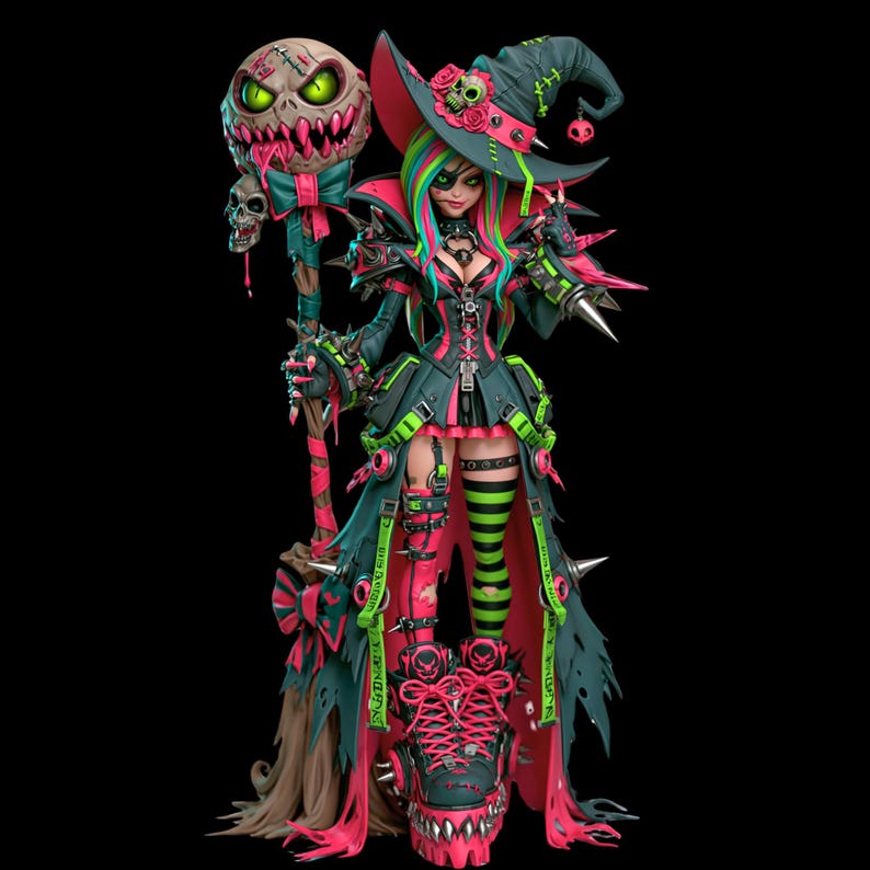 K&ouml;nnte beinhalten: Eine stilisierte Hexenfigur mit mehrfarbigem Haar, bekleidet mit einem dunkelgr&uuml;nen und pinkfarbenen Outfit mit Stacheln, einem breitkrempigen Hut und Plateaustiefeln. Die Figur h&auml;lt einen Stab mit einer gro&szlig;en, zahnigen, kugelf&ouml;rmigen Kreatur und einem Totenkopf.