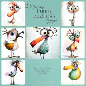 Quirky Bird Clipart Bundle: Funny Cartoon Bird PNG/JPG (Digital Download)