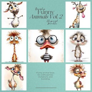 26 Quirky Funny Animal Clipart Vol. 2, Whimsical Cartoon Animal Bundle, Cute Animal Png, Kids Party Animal Clipart, Nursery Wall Art Animals