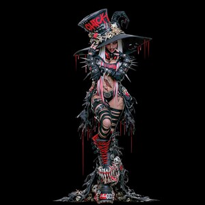 K&ouml;nnte beinhalten: Eine digitale Illustration einer Figur mit einem schwarzen Zylinder, auf dem das Wort CHICK in Rot steht, verziert mit Totenk&ouml;pfen und Sternen. Die Figur hat wei&szlig;es Haar, schwarze Stachelarmb&auml;nder, ein zerfetztes schwarzes Outfit und Plateaustiefel.