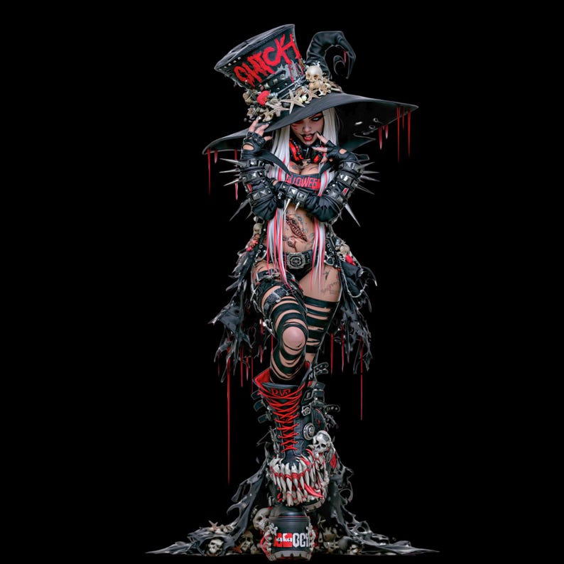 K&ouml;nnte beinhalten: Eine digitale Illustration einer Figur mit einem schwarzen Zylinder, auf dem das Wort CHICK in Rot steht, verziert mit Totenk&ouml;pfen und Sternen. Die Figur hat wei&szlig;es Haar, schwarze Stachelarmb&auml;nder, ein zerfetztes schwarzes Outfit und Plateaustiefel.