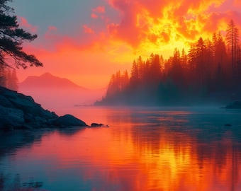 Sunrise Mountain Lake Art Print: Misty Pine Reflection (Digital Download)