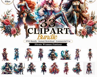 Könnte beinhalten: Ein digitales Clipart-Paket mit 33 PNG-Dateien von Fantasy-Piratenfiguren mit farbigem Haar, detaillierten Outfits und Hüten, ergänzt durch Blumenarrangements und Text, darunter 33 CLIPART Bundle und Pirate Women Fantasy.