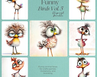 Quirky Baby Bird Clipart Bundle: Funny Cartoon Animal Graphics (Digital Download)