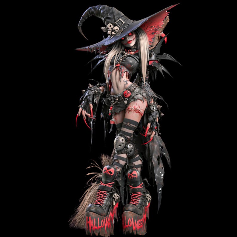 K&ouml;nnte beinhalten: Eine stilisierte Figur mit einem zerlumpten schwarzen Hexenhut mit Totenkopf-Akzenten, einem bauchfreien schwarzen Oberteil und einer zerrissenen Shorts. Die Figur hat langes blondes Haar, leuchtend rote Augen und Plateaustiefel mit roten Schn&uuml;rsenkeln.