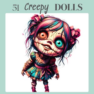 Gruselige Puppe Clipart Set: Gothic Horror Digital Art (JPG/PNG, 300 DPI)