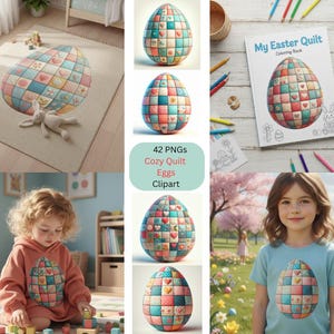 May include: A collection of images featuring a cozy quilt egg design. The design is seen on a rug, a coloring book cover, a child's hoodie, and a t-shirt. The egg design is composed of colorful squares and hearts.