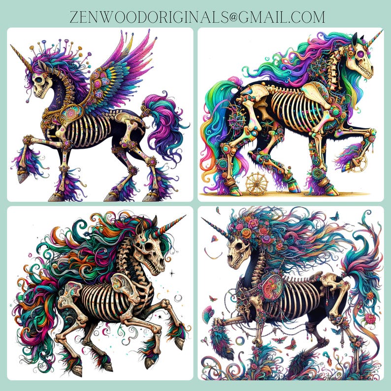 Skeleton Unicorn Clipart Bundle: Gothic Rainbow Fantasy (PNG Digital ...