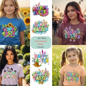 May include: A collection of t-shirts featuring the text "Happy Easter" with bunny ears, eggs, and floral designs. The shirts are in various colors, including blue, mauve, and peach. The image also includes the text "36 PNGs Cute Bunny Vibes Clipart."