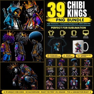 Puede incluir: Un paquete digital de 39 archivos PNG de Chibi Kings con personajes estilizados que llevan coronas, auriculares y ropa urbana. El gráfico incluye ejemplos de los diseños en una camiseta y una taza blanca con etiquetas de texto.