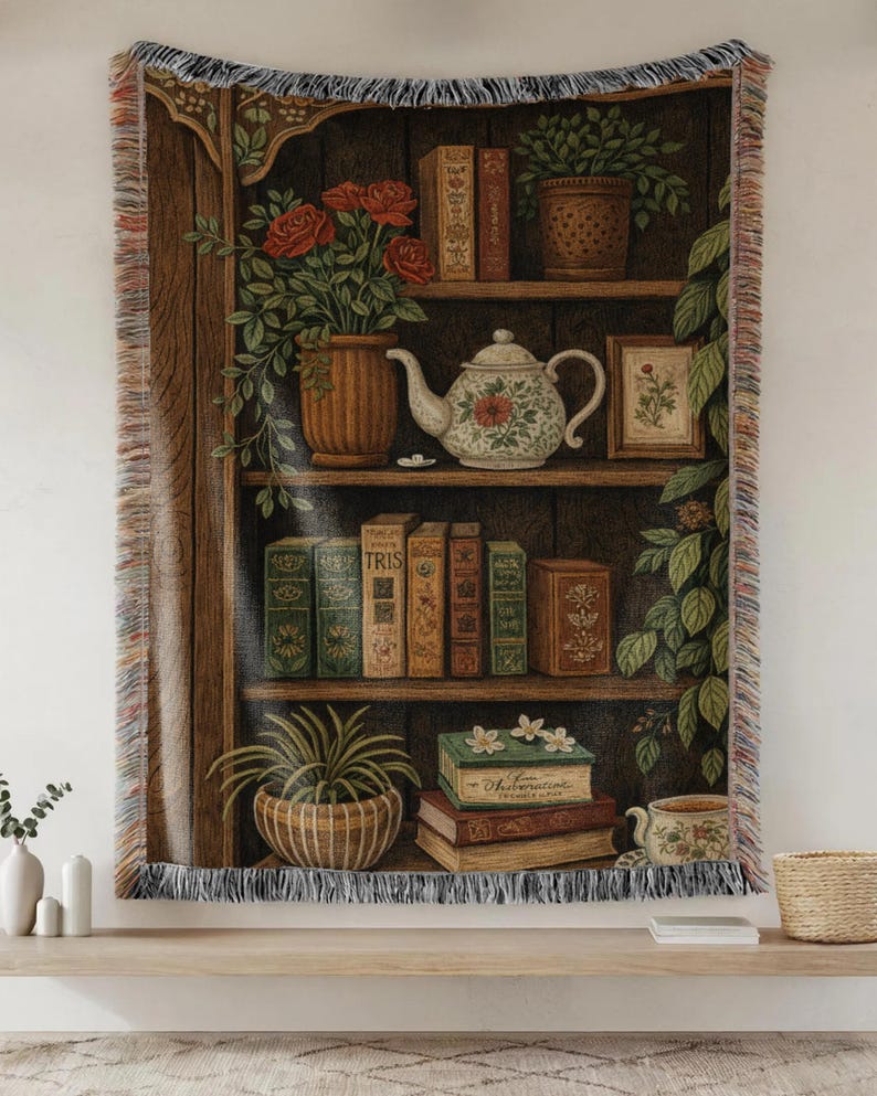 May include: Tapestry throw blanket featuring a detailed illustration of a bookshelf with books, plants, and a teapot. The color palette includes browns, greens, and reds, creating a cozy, vintage aesthetic. The edges are fringed.
