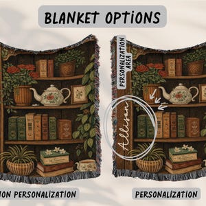 May include: Blanket options featuring a bookshelf design with books, plants, and a teapot. The blanket has a woven texture and a fringed edge. The text "BLANKET OPTIONS" is at the top, with "NON PERSONALIZATION" and "PERSONALIZATION" at the bottom.