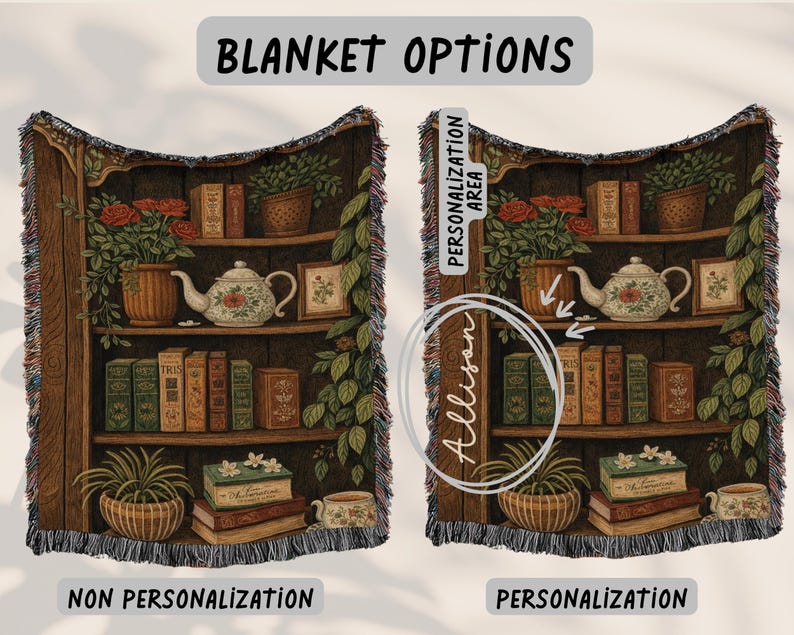May include: Blanket options featuring a bookshelf design with books, plants, and a teapot. The blanket has a woven texture and a fringed edge. The text "BLANKET OPTIONS" is at the top, with "NON PERSONALIZATION" and "PERSONALIZATION" at the bottom.