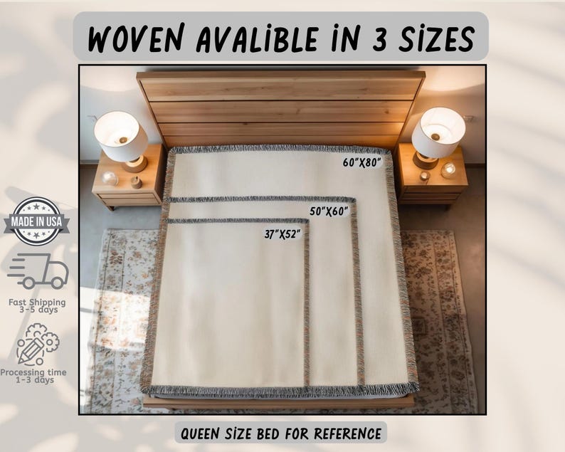 May include: Woven blankets in three sizes: 37"x52", 50"x60", and 60"x80". The cream-colored blankets have a dark gray border and fringe. The text "WOVEN AVAILABLE IN 3 SIZES" is at the top. The blankets are displayed on a queen-size bed.