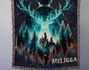 Personalized Wizard Blanket, Custom Magic School Throw, Fantasy Tapestry, magic gift for Her, Starry Night Blanket, Custom Name Gift