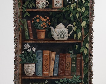 Personalized Book Blanket, Dark Academia Woven Throw, Floral Bookshelf Blanket Gift For Bookworm, Cottagecore Reading Nook Decor