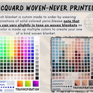 May include: A woven blanket with a pixelated design in shades of blue, beige, and brown. The blanket is made in the USA and features the text "JACQUARD WOVEN-NEVER PRINTED". A color chart is also shown.