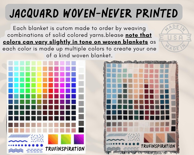 May include: A woven blanket with a pixelated design in shades of blue, beige, and brown. The blanket is made in the USA and features the text "JACQUARD WOVEN-NEVER PRINTED". A color chart is also shown.
