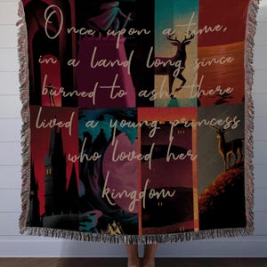 Throne of Glass woven blanket featuring Kingdom of Ash inspired scenes with Aelin Galathynius, fantasy bookish decor, cozy reading throw gift for fans