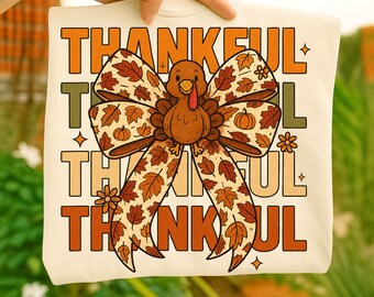 Coquette Thankful Turkey Bow PNG, Fall Thanksgiving Sublimation